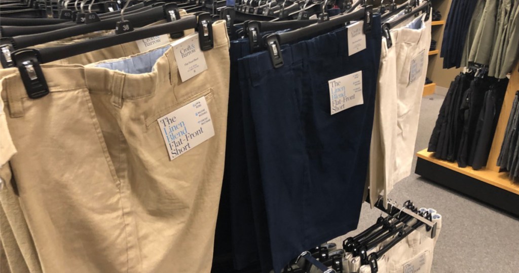 tan and blue mens croft & barrow shorts hanging in store