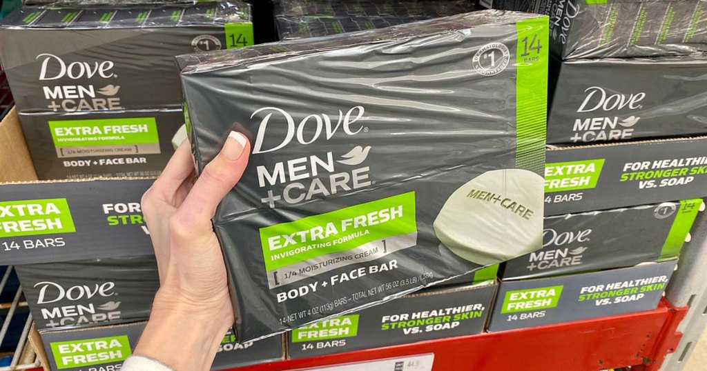 hand holding a 14 count box of dove men bar soap
