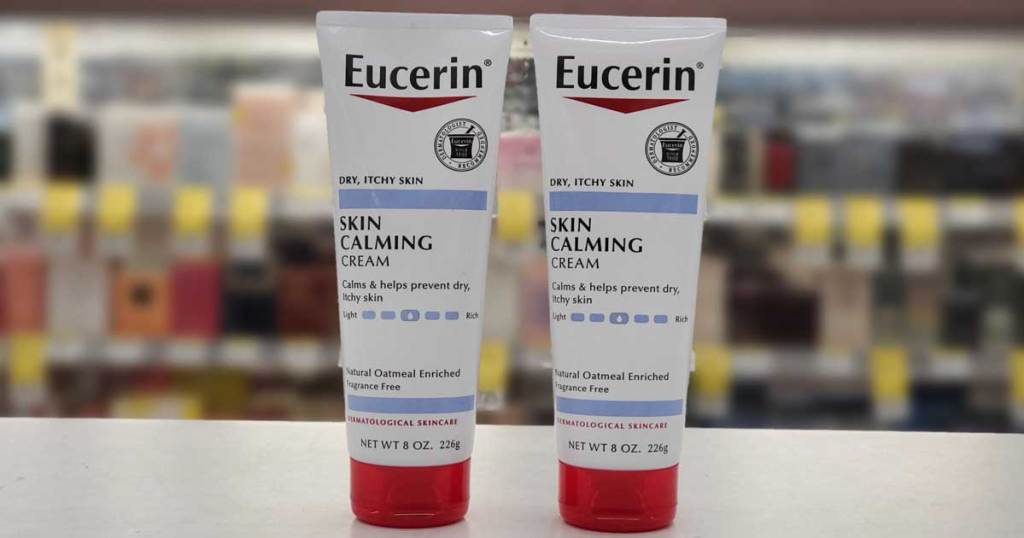 two tubes of Eucerin Skin Calming Cream on a shelf in a store