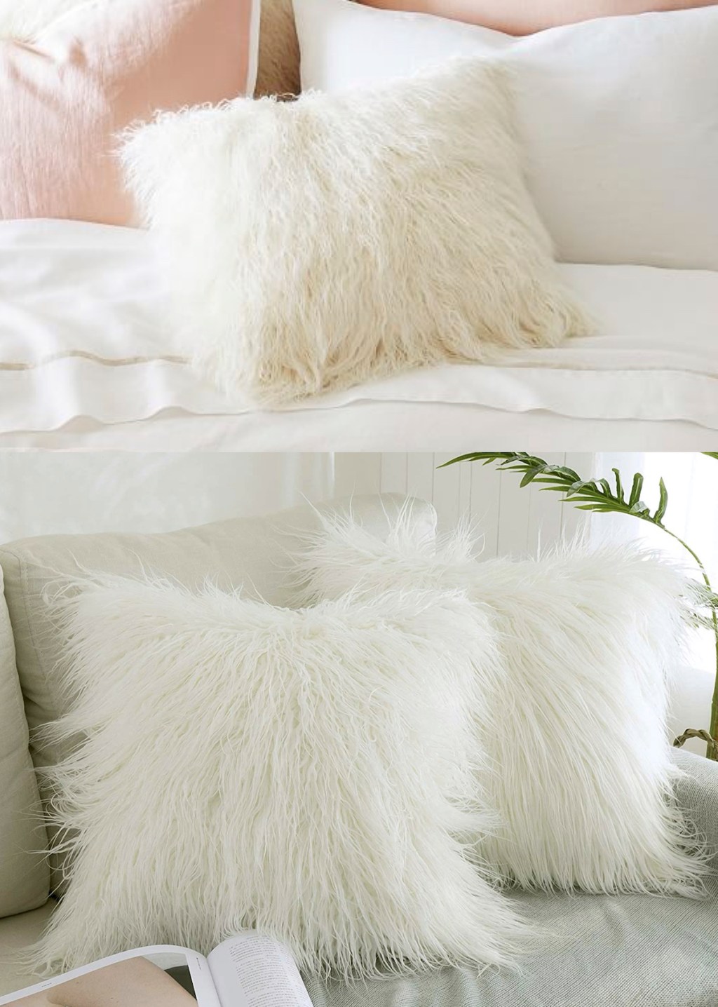 faux fur white pillows on couch and bed 