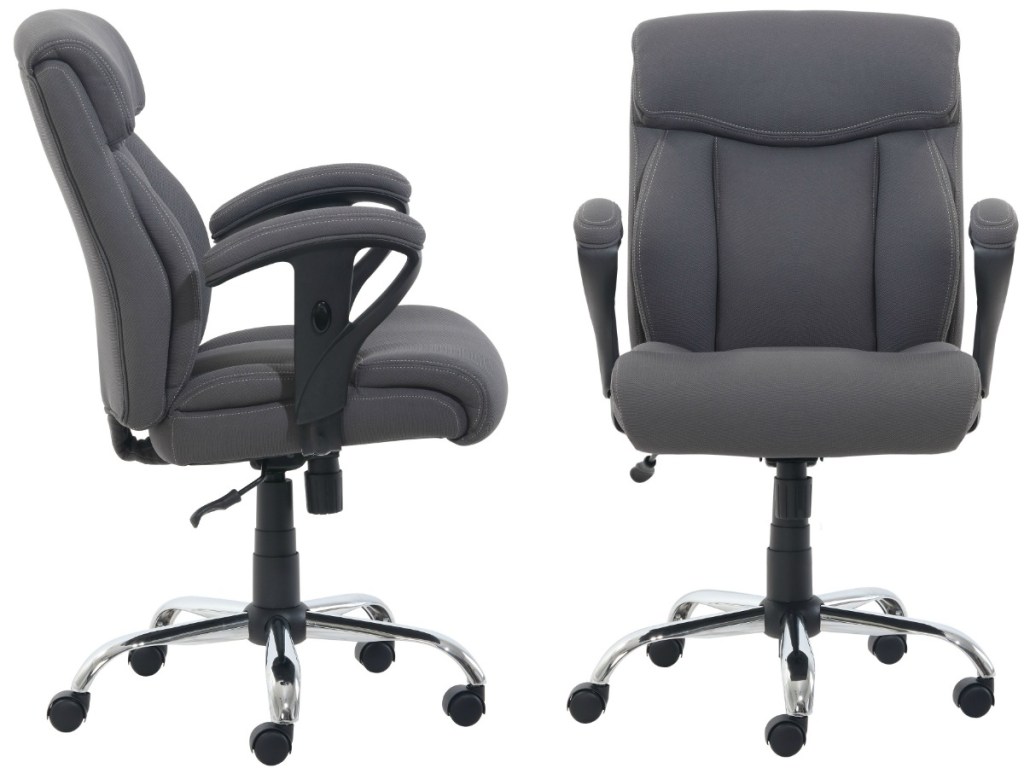 2 grey office chairs on white background