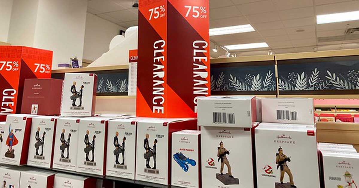 Hallmark ornament boxes with clearance sign