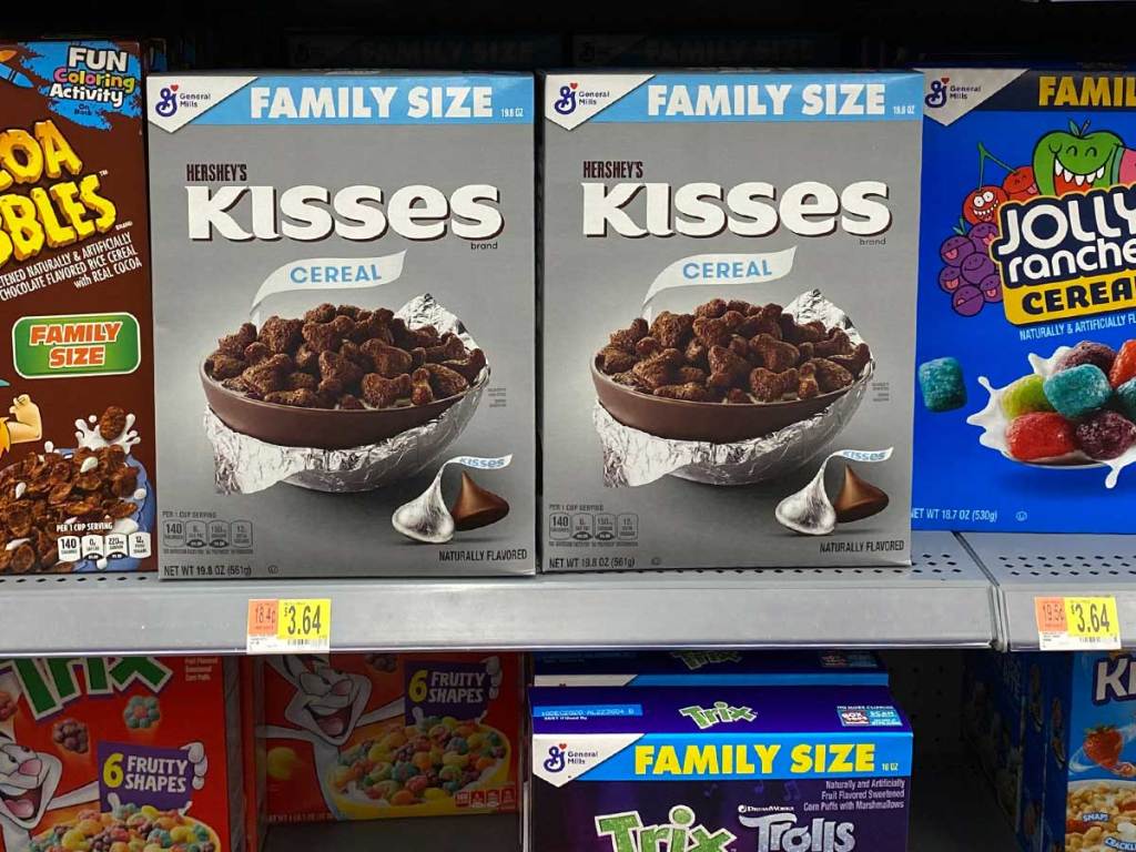 General Mills Family Size Hershey's Kisses Cereal on shelf at Walmart 