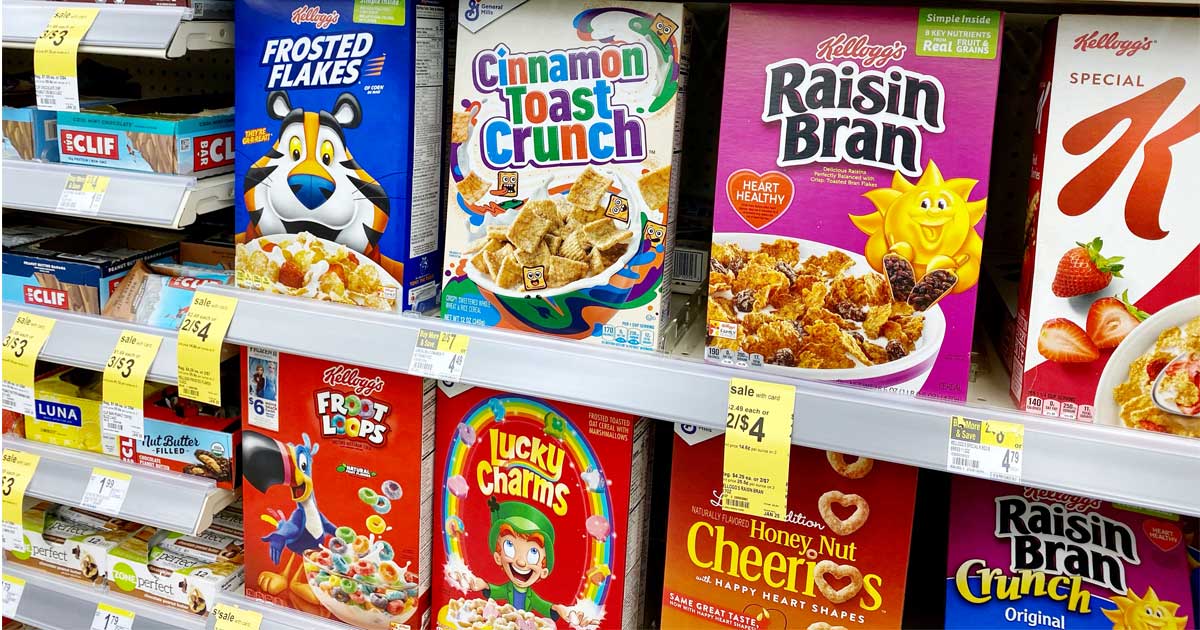 brand name cereal on sale on a shelf in a store