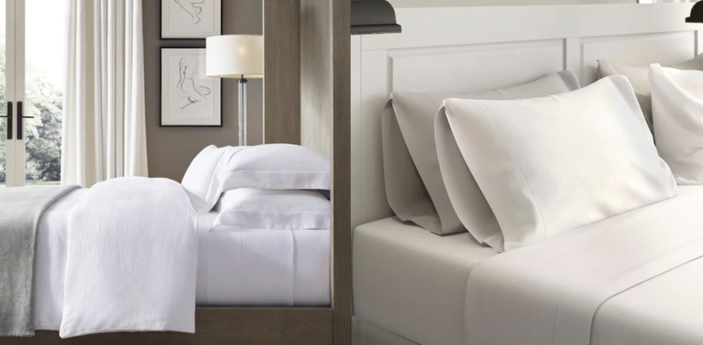 side by side comparison of two beds with white linen sheets
