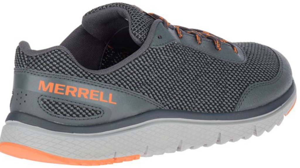 grey and orange shoe with merrell logo on back