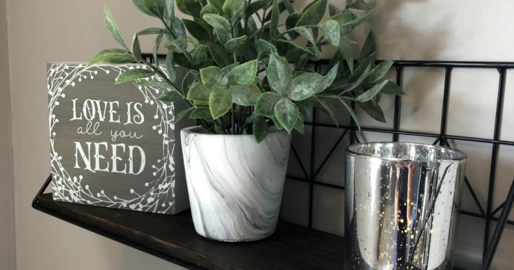 floating shelf with plant and decorative sign