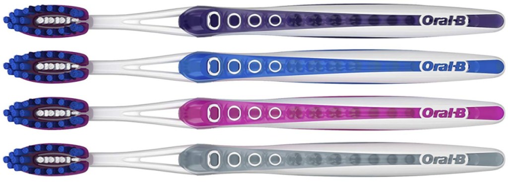 purple, blue, pink and gray oral-b toothbrushes