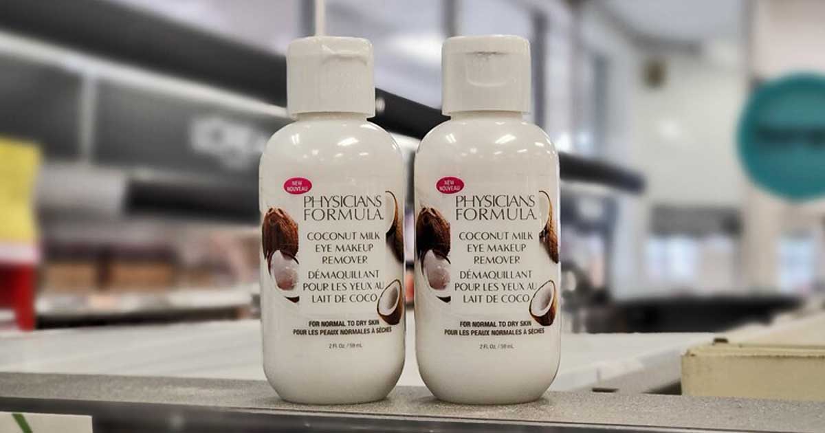 two bottles of physicians formula coconut milk eye makeup remover on a shelf in a store