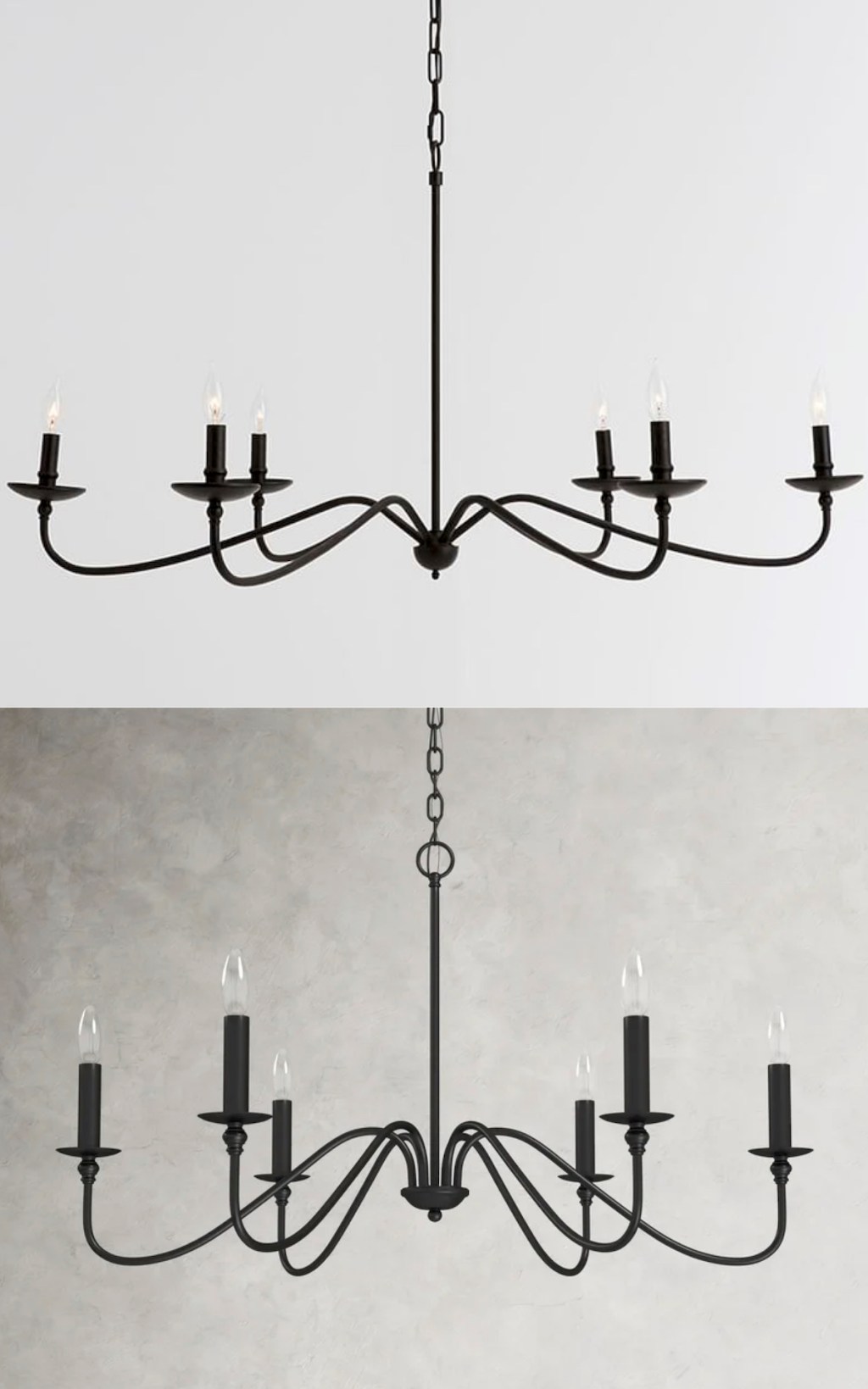 comparison of two iron chandeliers hanging 