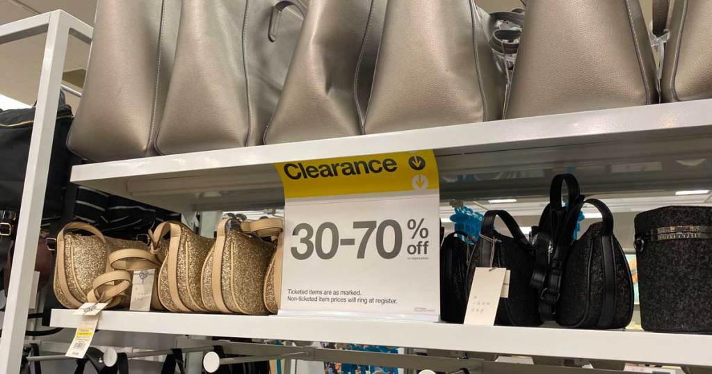 clearance purses on a store shelf