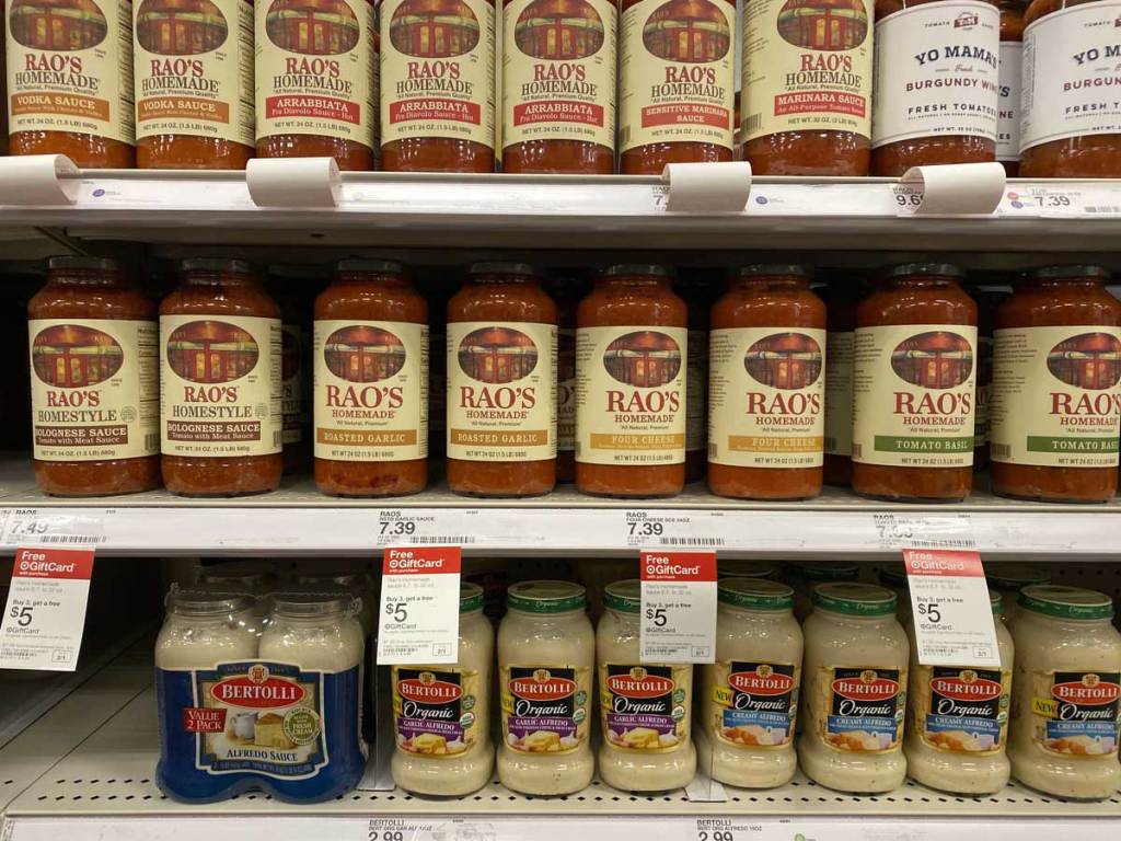 in store shelf of jars of Rao's Homemade Pasta Sauces 