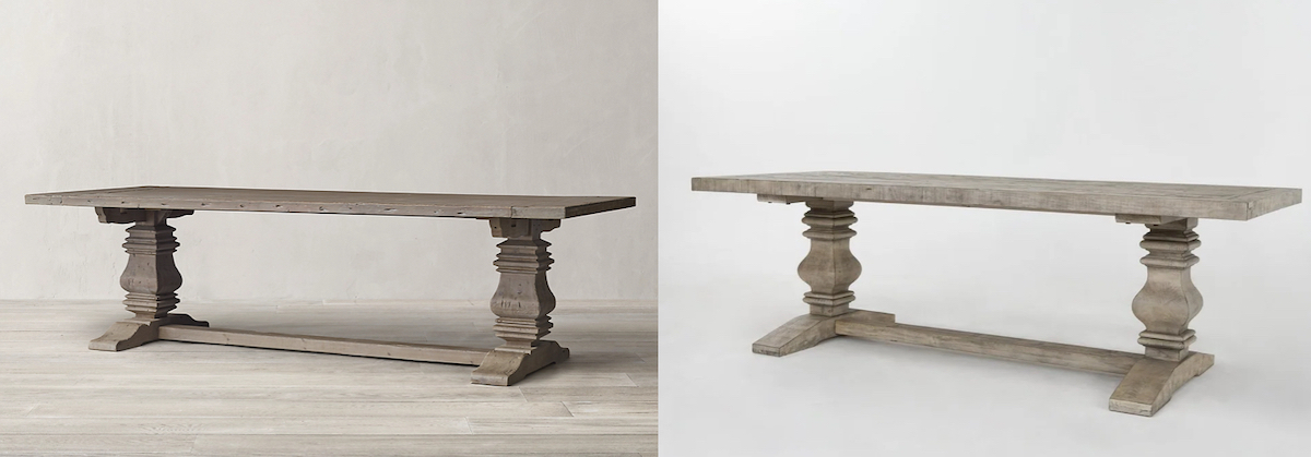 side by side photos of wood dining room tables - restoration hardware copycat items