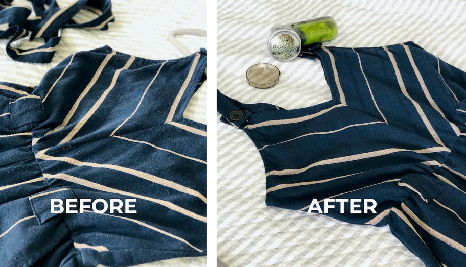before and after of navy blue romper on bed with fabric shaver tool