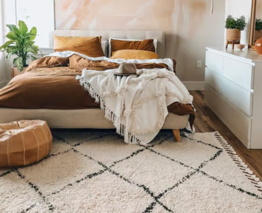 bedroom with tassel white rug on floor