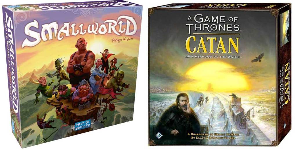 Small World and Game of Thrones Catan strategic board games stock image