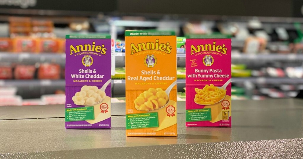 macaroni and cheese boxes on display in a store