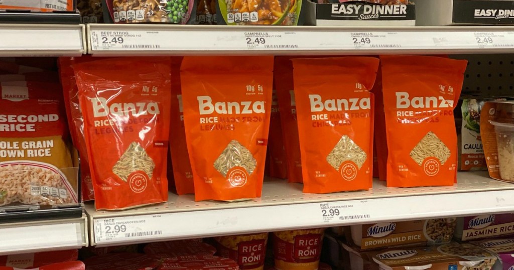 bags of rice on a shelf in a store