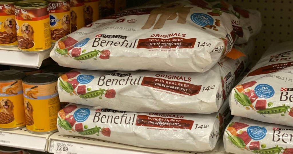 dry dog food bags on a store shelf
