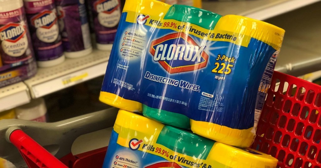 disinfecting wipes in a store shopping cart