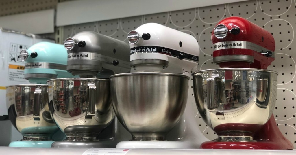 kitchenaid stand mixers on display in a store