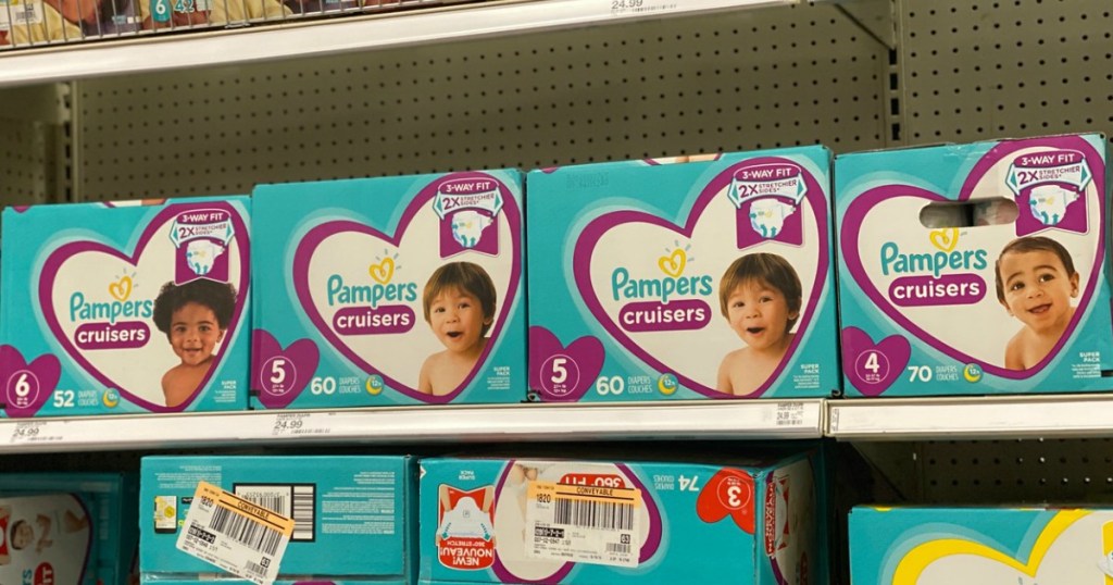 boxed diapers on a shelf in a store