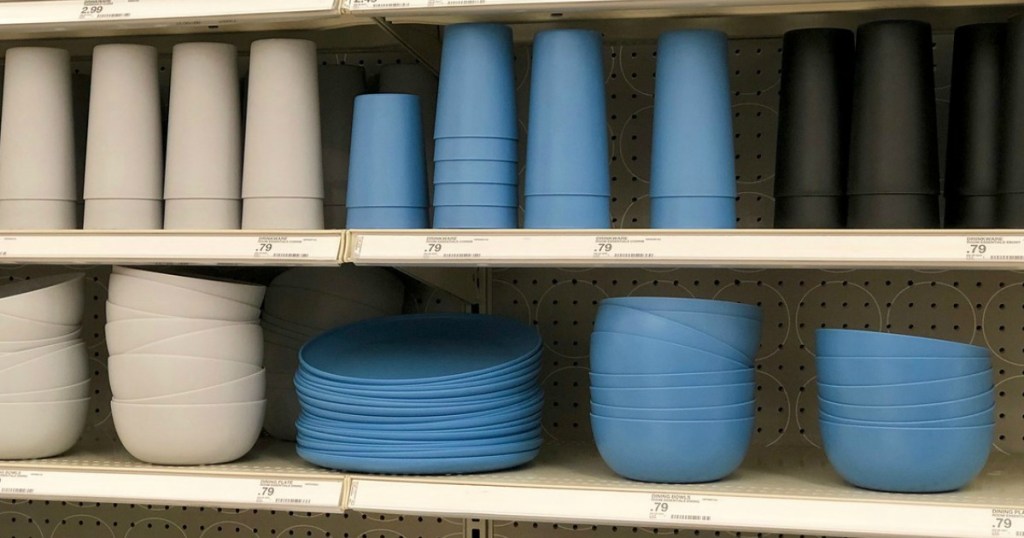 plastic dishes displayed on a store shelf