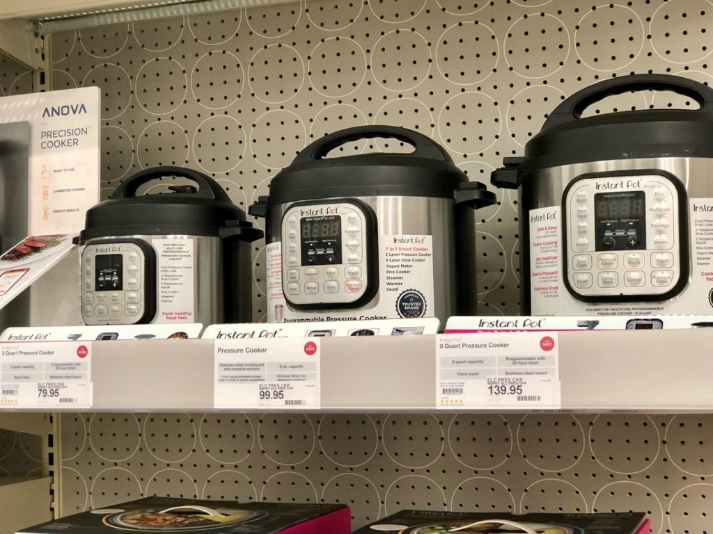 instant pots in 3 sizes on store shelf
