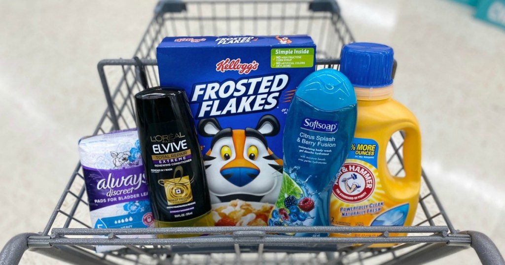 feminine care pads, shampoo, cereal, body wash and laundry detergent in a store shopping cart