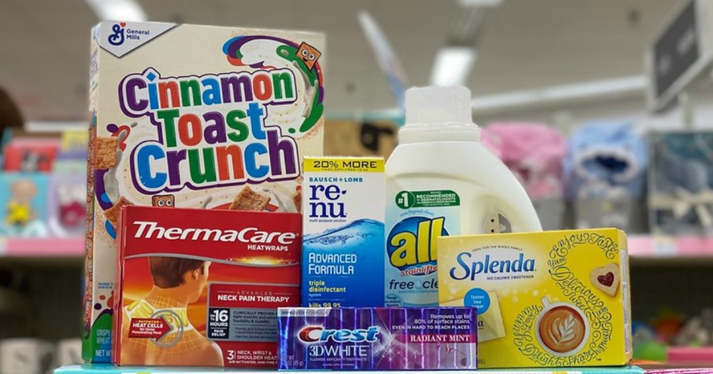cereal, heat wraps, contact solution, toothpaste, laundry detergent and artificial sweetener on display in a store