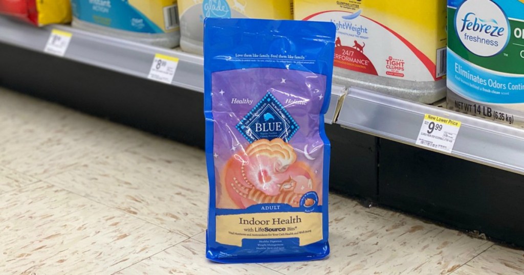 dry cat food bag on the floor in a store