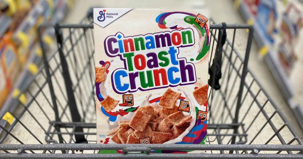 cereal sitting in a store shopping cart