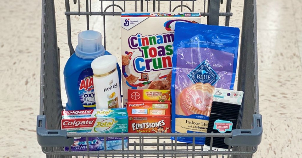 a variety of products in a store shopping cart