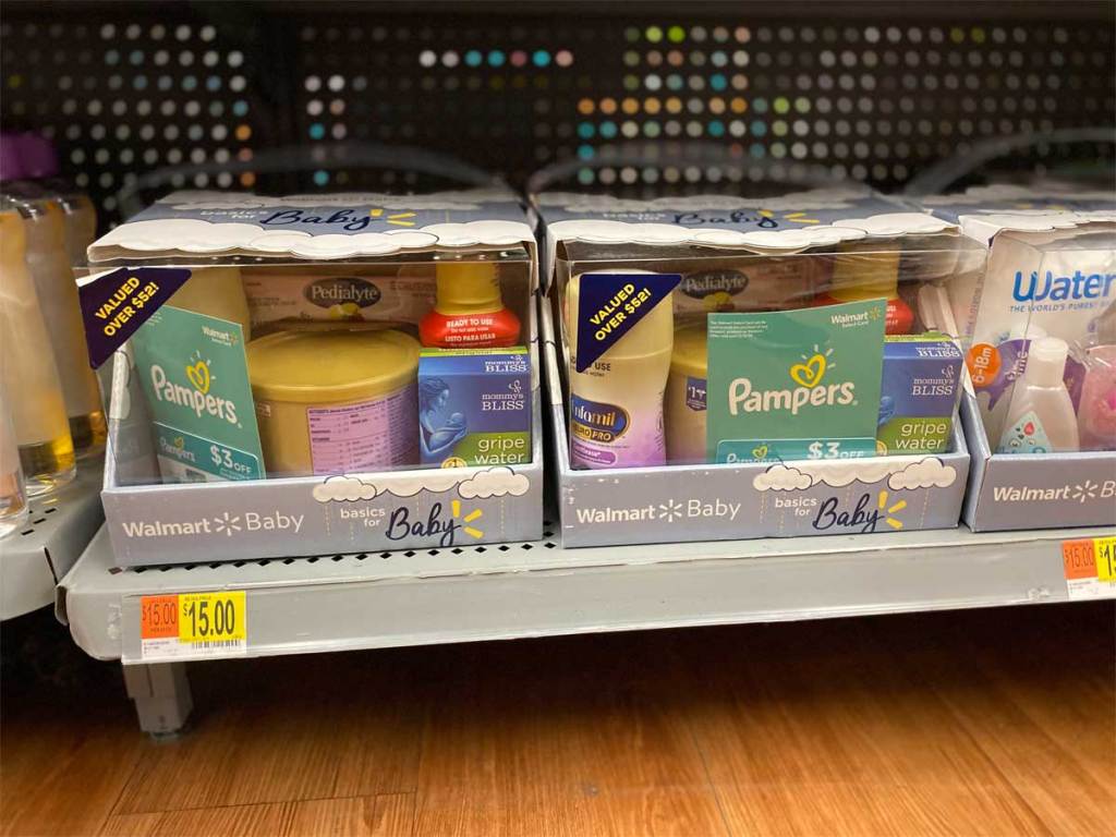 Walmart baby box of samples on a shelf in a store