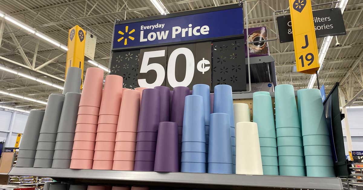 pastel plastic dinnerware on a Walmart store shelf