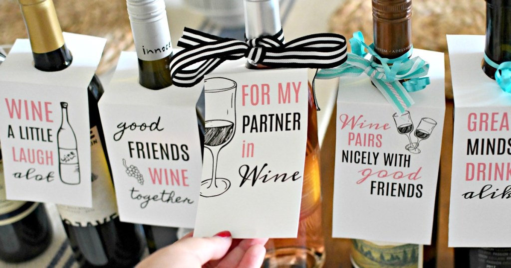 free printable wine gift tags on bottles as gifts