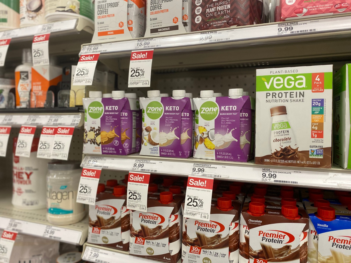 zoneperfect keto shakes on shelf in store with sale signs beneath pricetag
