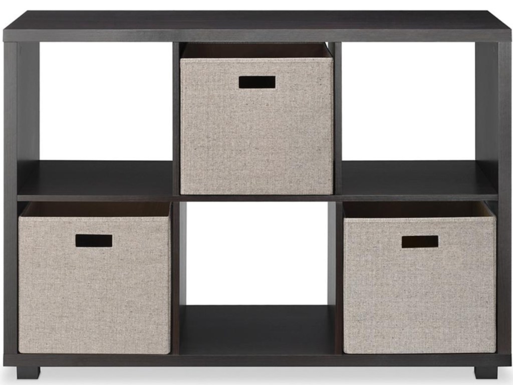 6-cube espresso shelf with three tan fabric bins