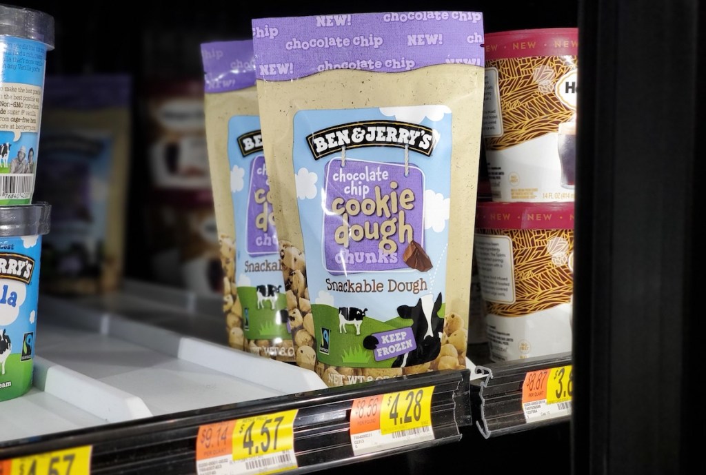 bags of Ben & Jerry's Cookie Dough Chunks in cooler at Walmart