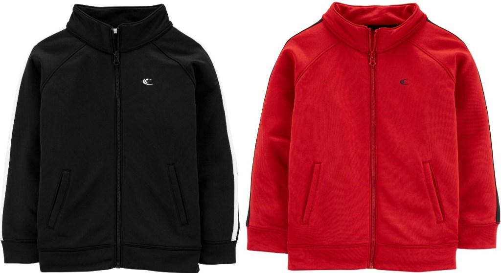 Two colors of boys zip up jackets - black and red