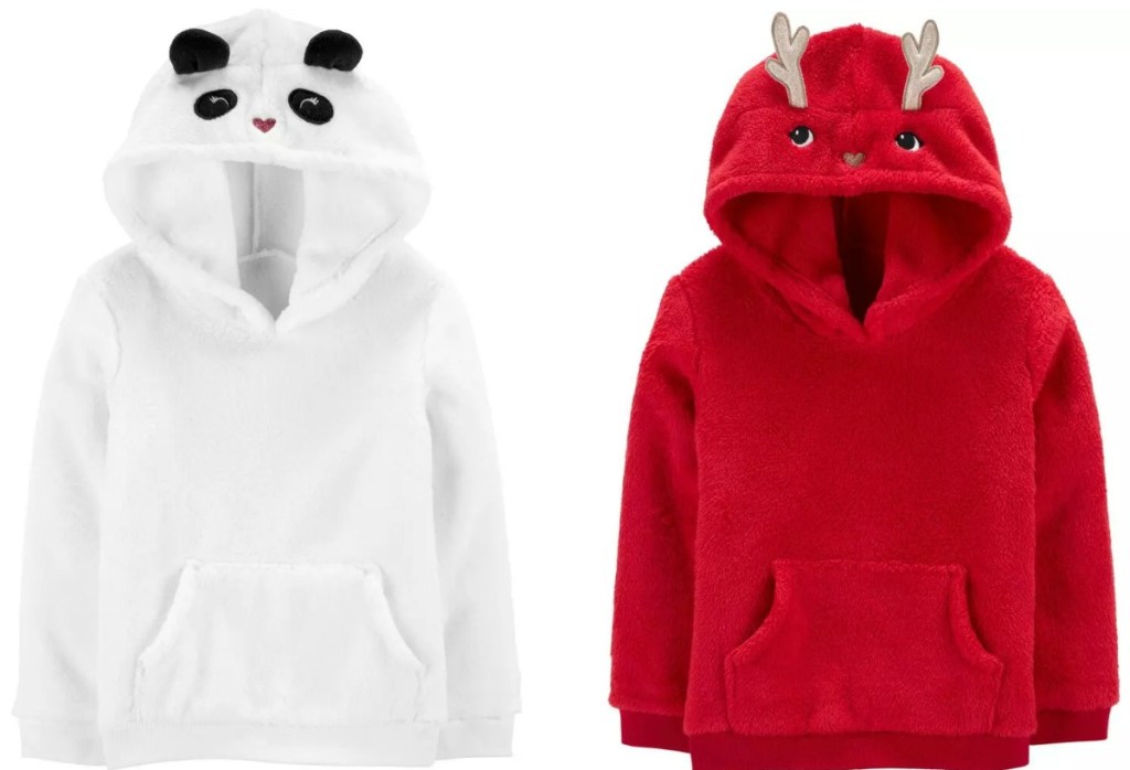 Two styles of girls animal themed hoodies - panda and red reindeer