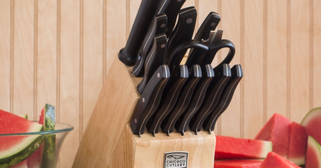 knife set in wooden block on counter