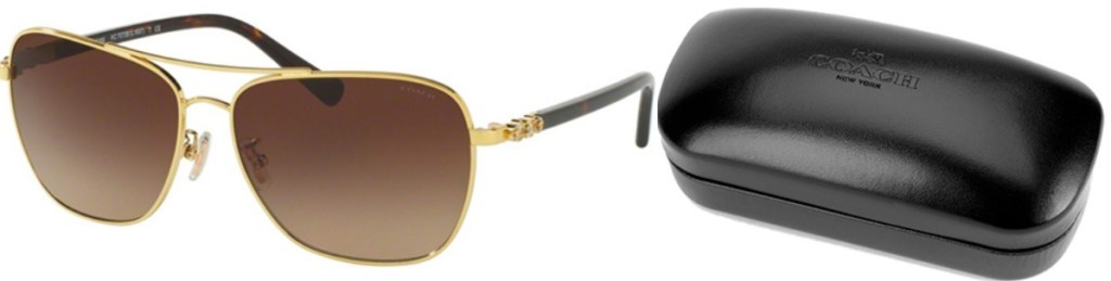 Women's navigator style sunglasses with golden rims near Coach brand case