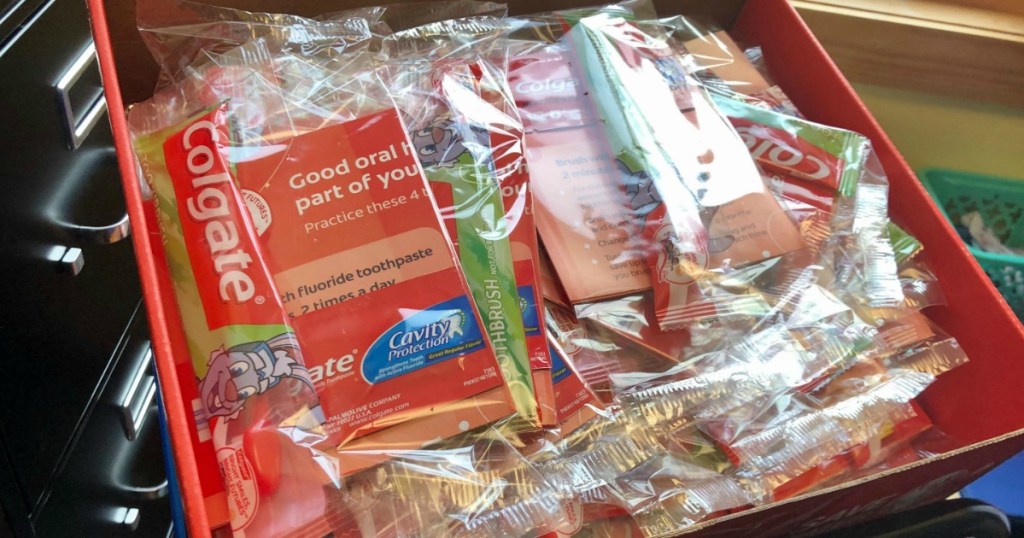 Colgate Classroom Kit filled with toothbrushes and toothpaste