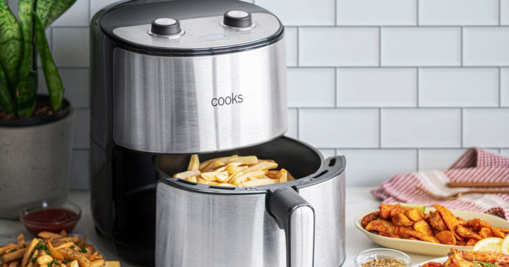 stainless steel cooks air fryer on kitchen counter with fries