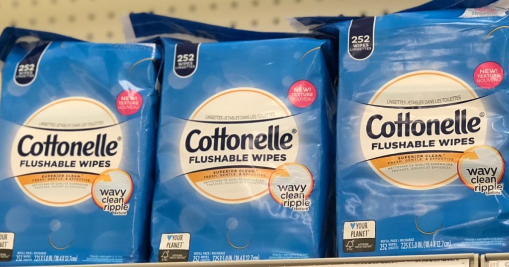 Flushable wipes on store shelf