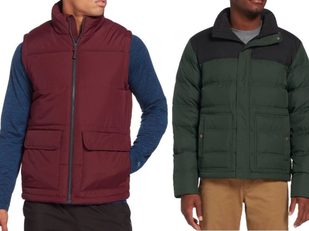 two men's tosos, one wearing a quilted puffer vest and the other wearing a quilted jacket