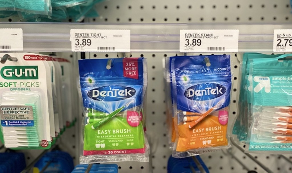 display of DenTek products hanging on racks at Target