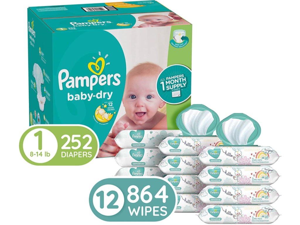 Diapers Size 1, 252-Count & Pampers Sensitive Baby Wipes, 864-Count