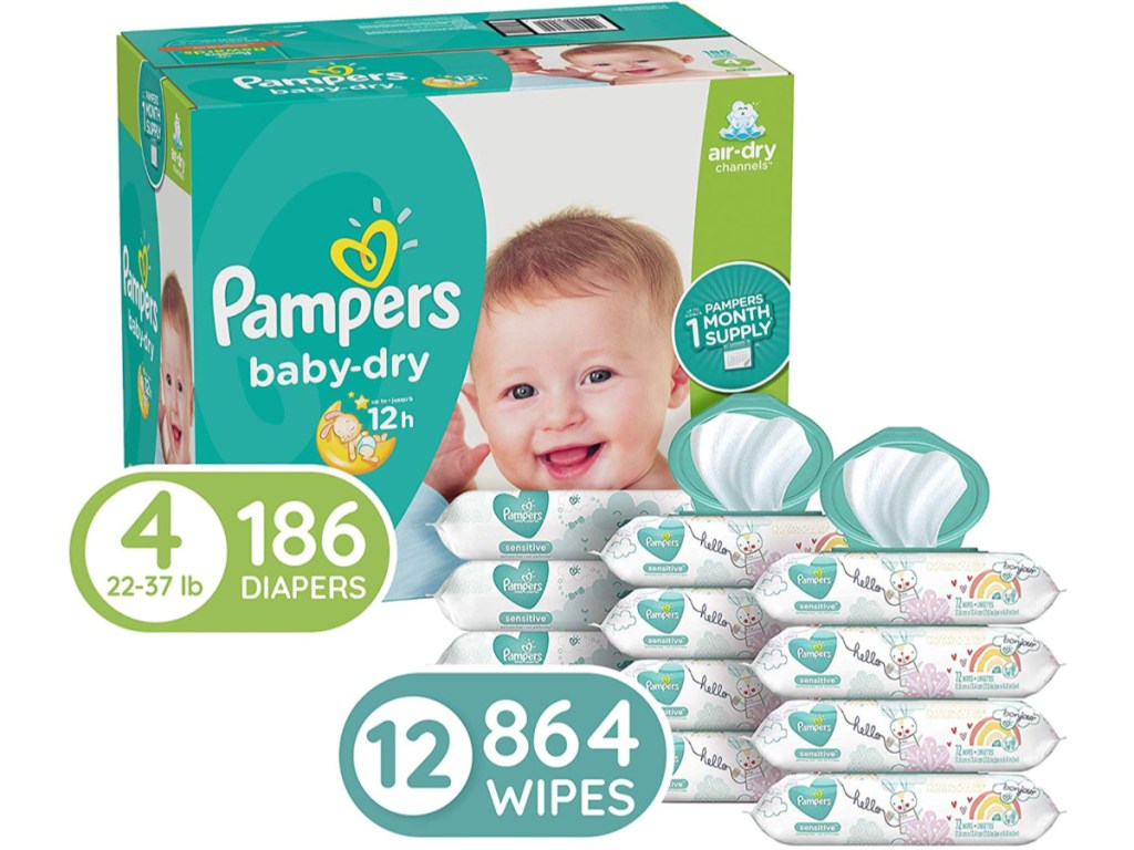 Diapers Size 4, 186-Count & Pampers Sensitive Baby Wipes, 864-Count